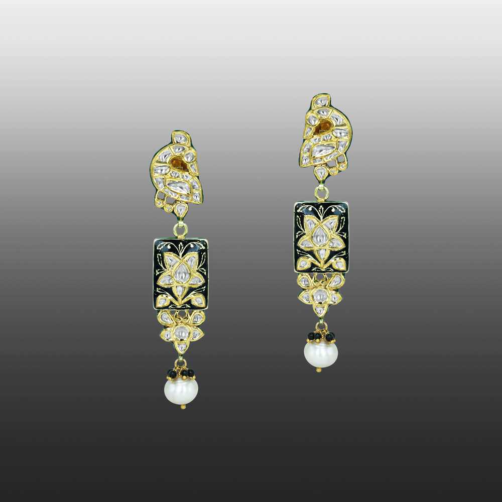 Polki Earrings with Black Enamel and Pearls